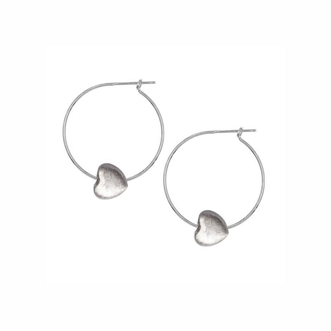 Silver Puffy Heart Charm Hoops