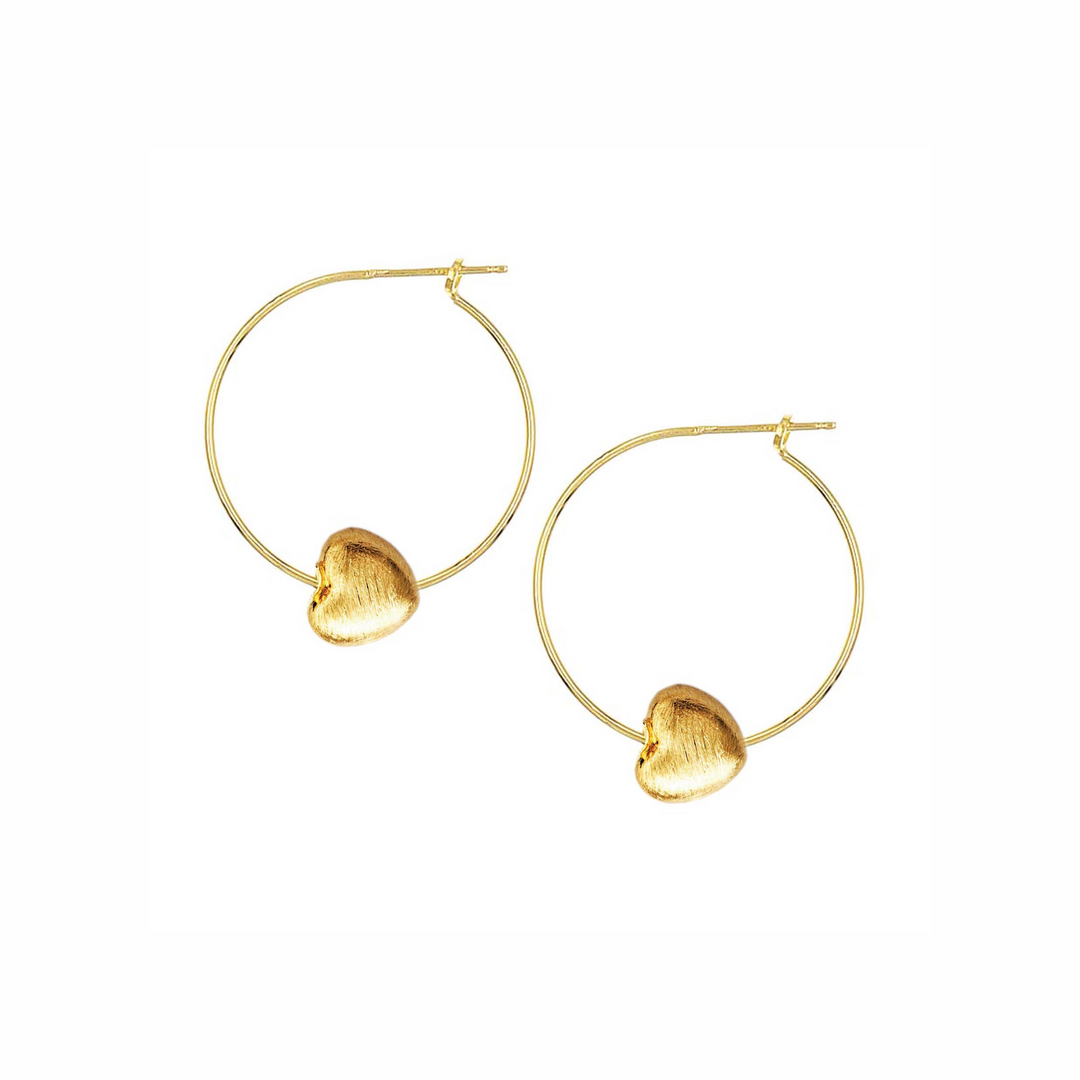 Gold Puffy Heart Charm Hoops