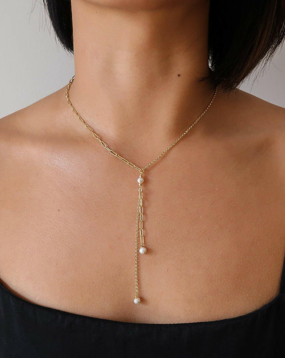 Gold and Pearl lariat necklace, y necklace