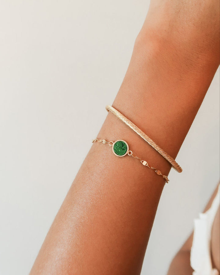 Italian Gold Cuff stacked with emerald round chain